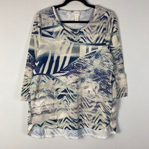 Chicos Lexie Wild Waves Top Womens 2 US Large 3/4 Sleeves Stretch